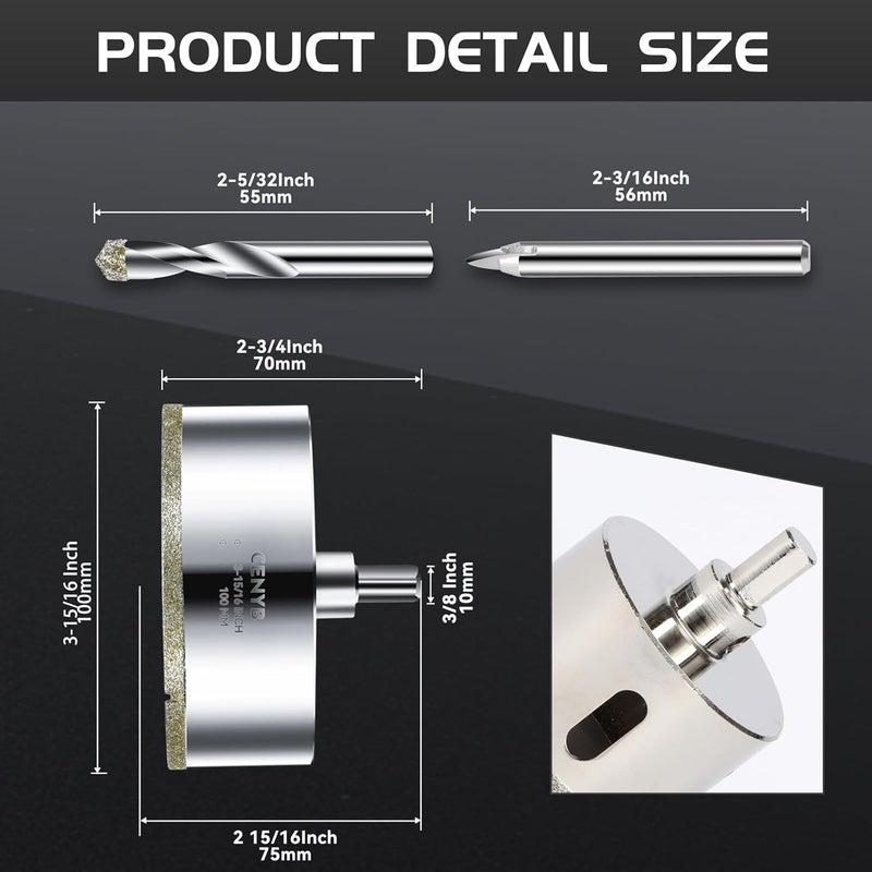 cenyb 4inch | 100mm Diamond Hole Saw with Center Drill bit and Diamond-Coated Center Drill bit for Ceramic Glass Marble Fiberglass Granite and Porcelain Tiles by - Image 2